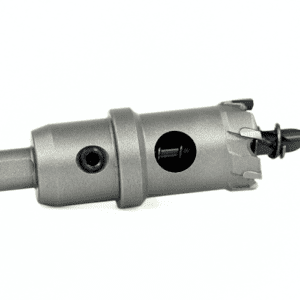 Otwornica TCT do metalu – chwyt sześciokątny HEX, otwory wyrzutowe, wiertło pilotujące, widok techniczny